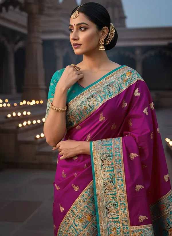 Magenta_Semi_Pashmina_Jacquard_Woven_Banarasi_Saree_For_Women_|_With_Blouse_Piece