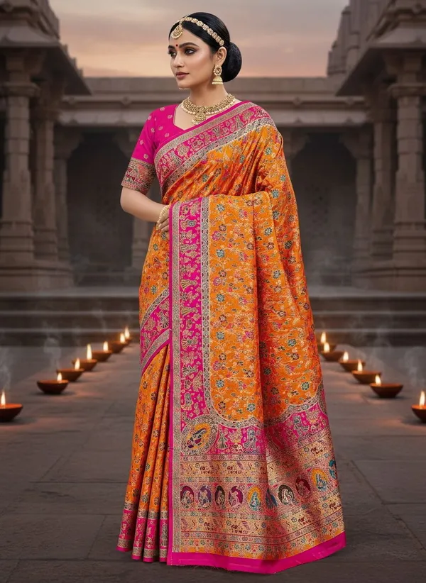 Mustard_Semi_Pashmina_Floral_Jacquard_Woven_Saree_For_Women_|_With_Blouse_Piece