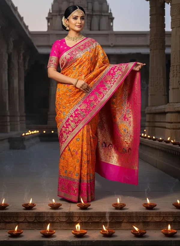 Mustard_Semi_Pashmina_Floral_Jacquard_Woven_Saree_For_Women_|_With_Blouse_Piece