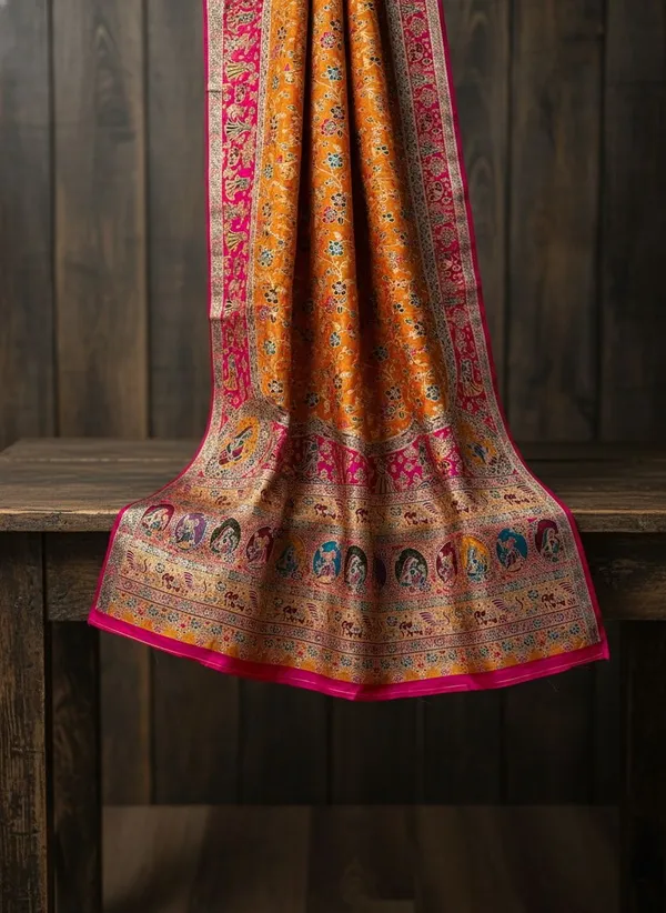Mustard_Semi_Pashmina_Floral_Jacquard_Woven_Saree_For_Women_|_With_Blouse_Piece