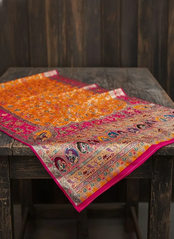 Mustard_Semi_Pashmina_Floral_Jacquard_Woven_Saree_For_Women_|_With_Blouse_Piece
