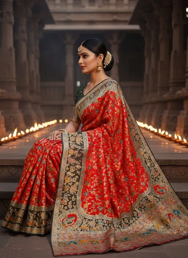 Red_Semi_Pashmina_Jacquard_Woven_Saree_For_Women_|_With_Blouse_Piece