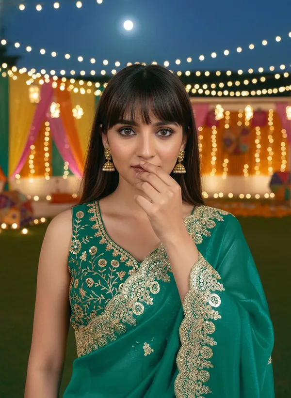 Dark_Green_Satin_Embroidered_Embellished_Saree_For_Women_|_With_Blouse_Piece