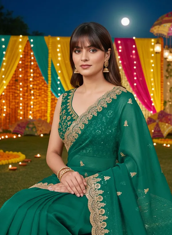 Dark_Green_Satin_Embroidered_Embellished_Saree_For_Women_|_With_Blouse_Piece