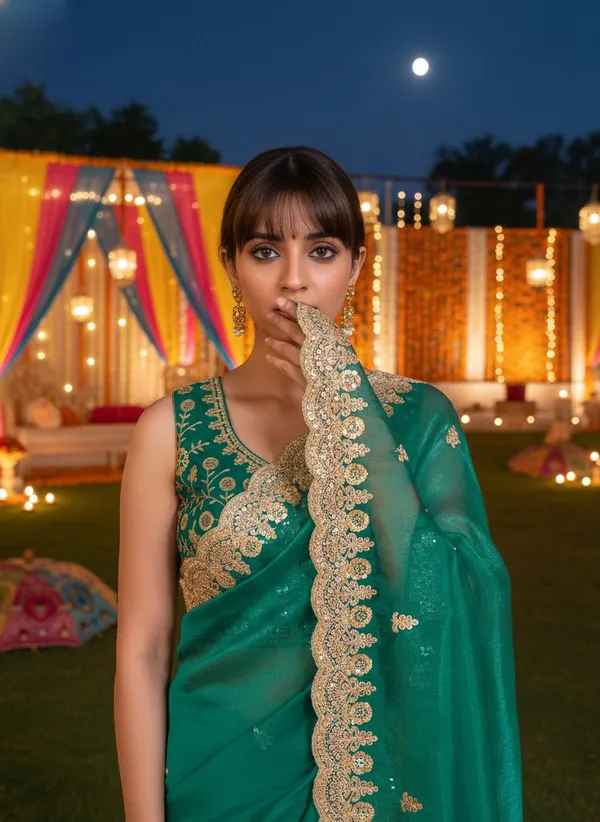 Dark_Green_Satin_Embroidered_Embellished_Saree_For_Women_|_With_Blouse_Piece