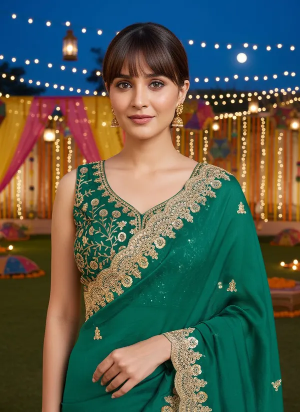 Dark_Green_Satin_Embroidered_Embellished_Saree_For_Women_|_With_Blouse_Piece