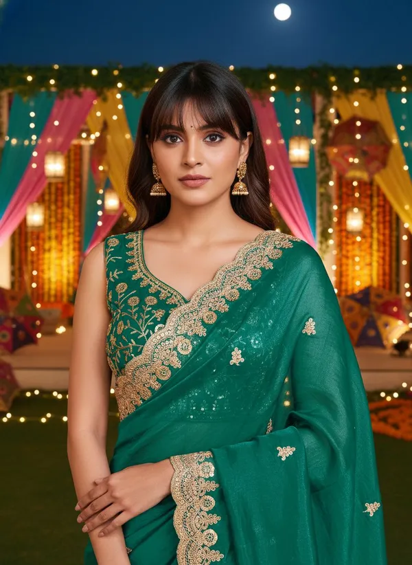 Dark_Green_Satin_Embroidered_Embellished_Saree_For_Women_|_With_Blouse_Piece