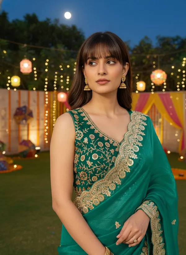 Dark_Green_Satin_Embroidered_Embellished_Saree_For_Women_|_With_Blouse_Piece