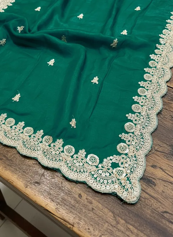 Dark_Green_Satin_Embroidered_Embellished_Saree_For_Women_|_With_Blouse_Piece