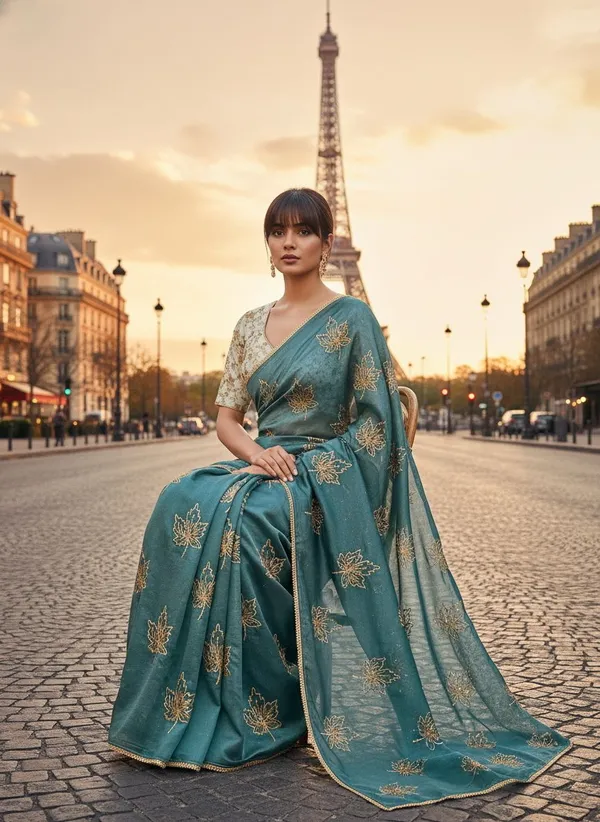 Teal_Georgette_Silk_Blend_Zari_Sequence_Embroidered_Saree_For_Women_|_With_Blouse_Piece