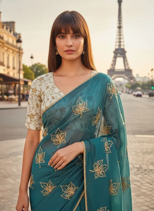Teal_Georgette_Silk_Blend_Zari_Sequence_Embroidered_Saree_For_Women_|_With_Blouse_Piece