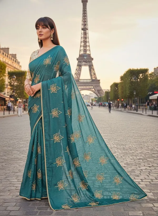 Teal_Georgette_Silk_Blend_Zari_Sequence_Embroidered_Saree_For_Women_|_With_Blouse_Piece