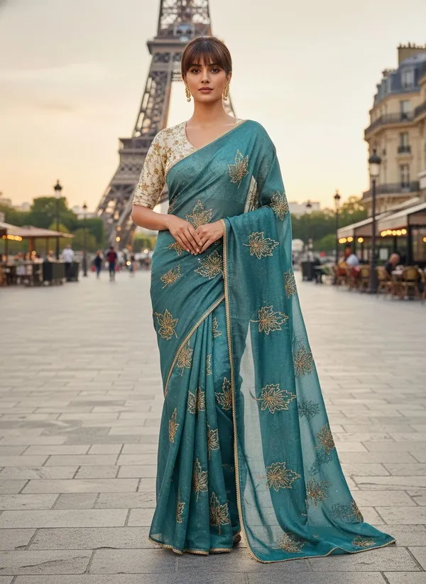 Teal_Georgette_Silk_Blend_Zari_Sequence_Embroidered_Saree_For_Women_|_With_Blouse_Piece