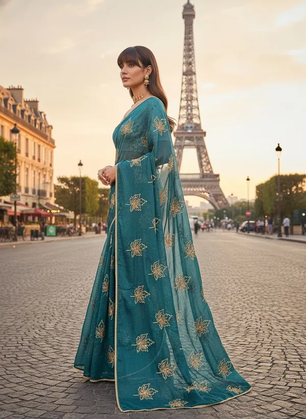 Teal_Georgette_Silk_Blend_Zari_Sequence_Embroidered_Saree_For_Women_|_With_Blouse_Piece