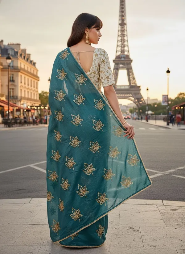 Teal_Georgette_Silk_Blend_Zari_Sequence_Embroidered_Saree_For_Women_|_With_Blouse_Piece