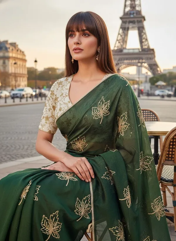 Dark_Green_Georgette_Silk_Blend_Zari_Sequin_Embroidered_Saree_For_Women_|_With_Blouse_Piece