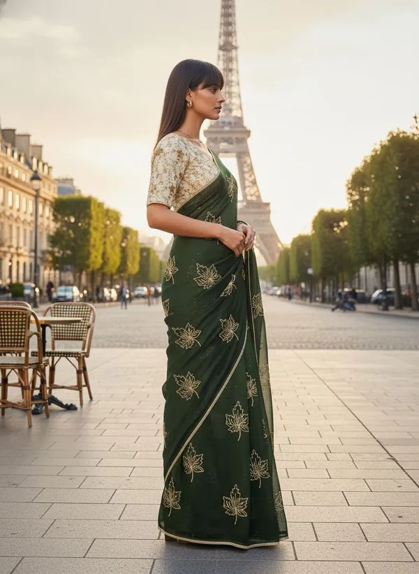 Dark_Green_Georgette_Silk_Blend_Zari_Sequin_Embroidered_Saree_For_Women_|_With_Blouse_Piece