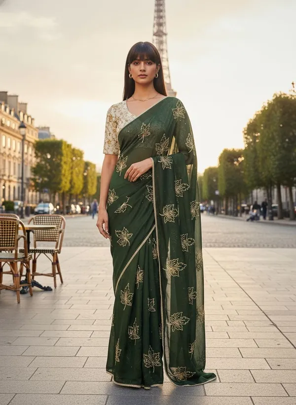 Dark_Green_Georgette_Silk_Blend_Zari_Sequin_Embroidered_Saree_For_Women_|_With_Blouse_Piece