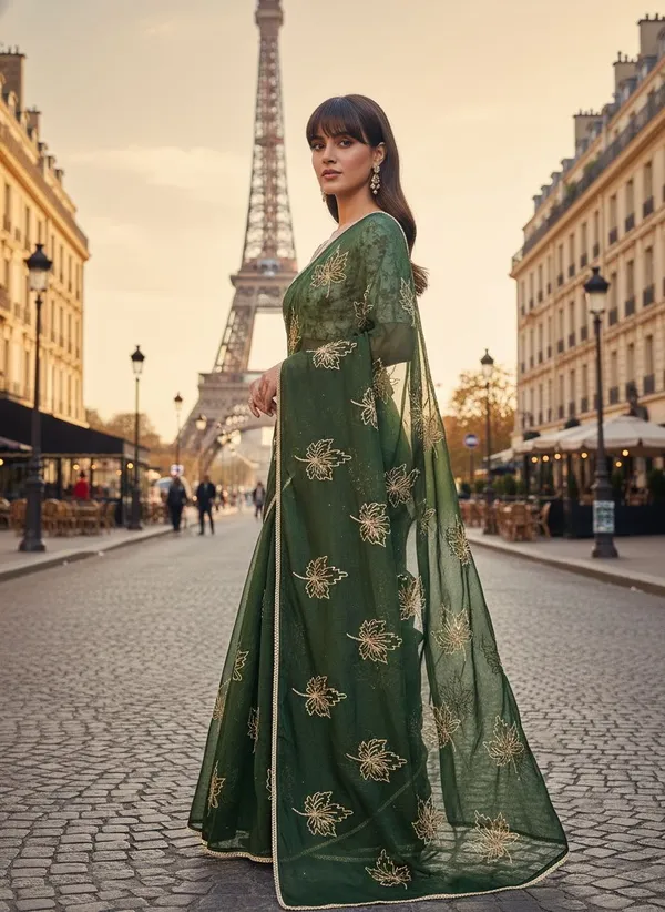 Dark_Green_Georgette_Silk_Blend_Zari_Sequin_Embroidered_Saree_For_Women_|_With_Blouse_Piece