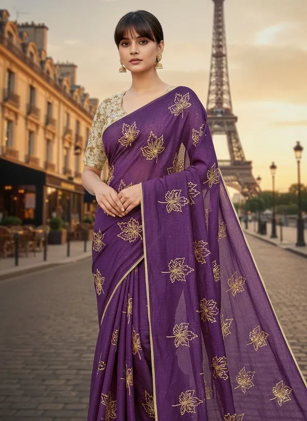 Purple_Georgette_Silk_Blend_Zari_Sequence_Embroidered_Saree_For_Women_|_With_Blouse_Piece