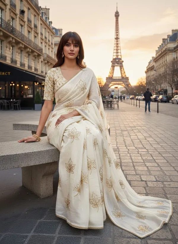 White_Georgette_Silk_Blend_Zari_Sequence_Leaf_Motif_Saree_For_Women_|_With_Blouse_Piece
