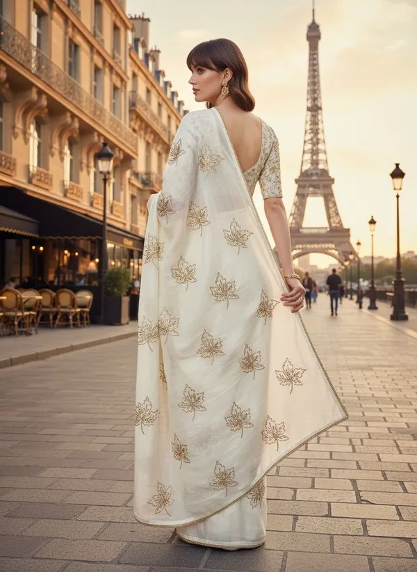 White_Georgette_Silk_Blend_Zari_Sequence_Leaf_Motif_Saree_For_Women_|_With_Blouse_Piece
