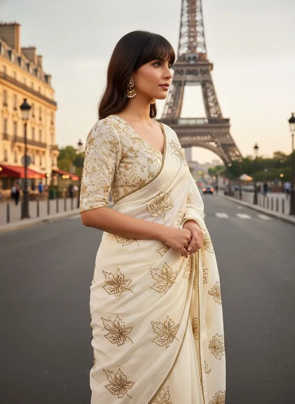 White_Georgette_Silk_Blend_Zari_Sequence_Leaf_Motif_Saree_For_Women_|_With_Blouse_Piece