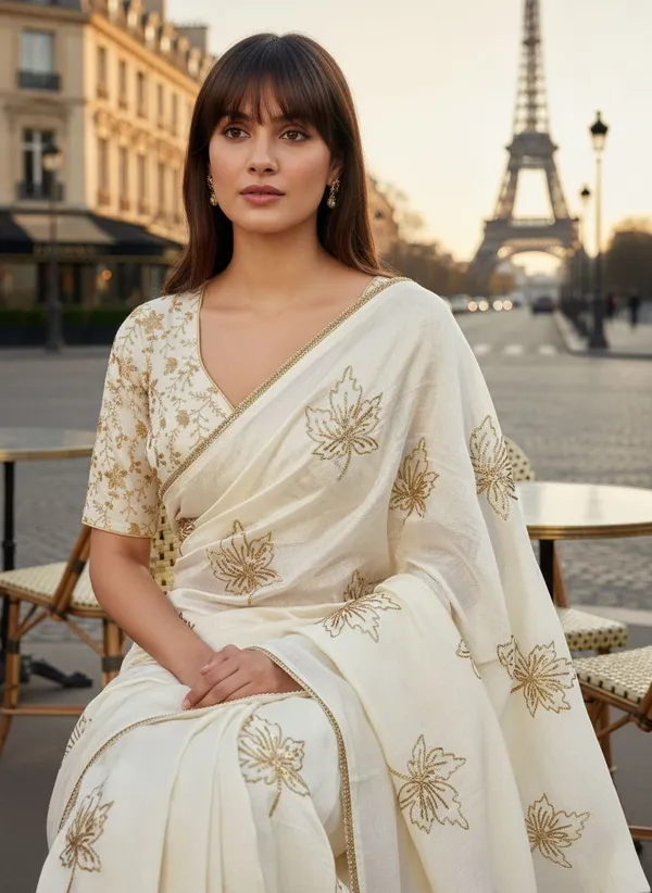 White_Georgette_Silk_Blend_Zari_Sequence_Leaf_Motif_Saree_For_Women_|_With_Blouse_Piece