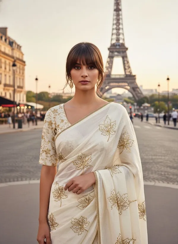 White_Georgette_Silk_Blend_Zari_Sequence_Leaf_Motif_Saree_For_Women_|_With_Blouse_Piece