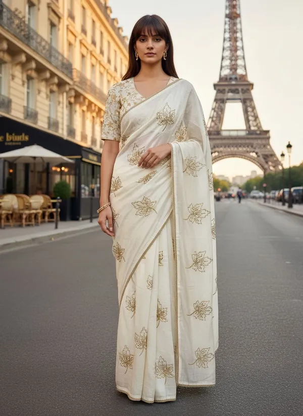 White_Georgette_Silk_Blend_Zari_Sequence_Leaf_Motif_Saree_For_Women_|_With_Blouse_Piece