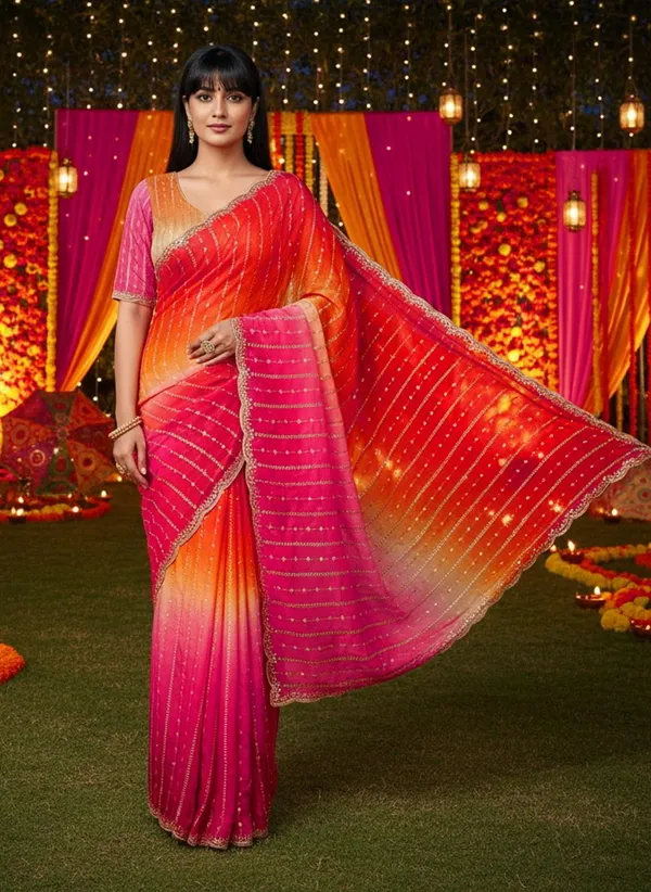 Orange_Pink_Satin_Chiffon_Ombre_Embroidered_Saree_For_Women_|_With_Blouse_Piece