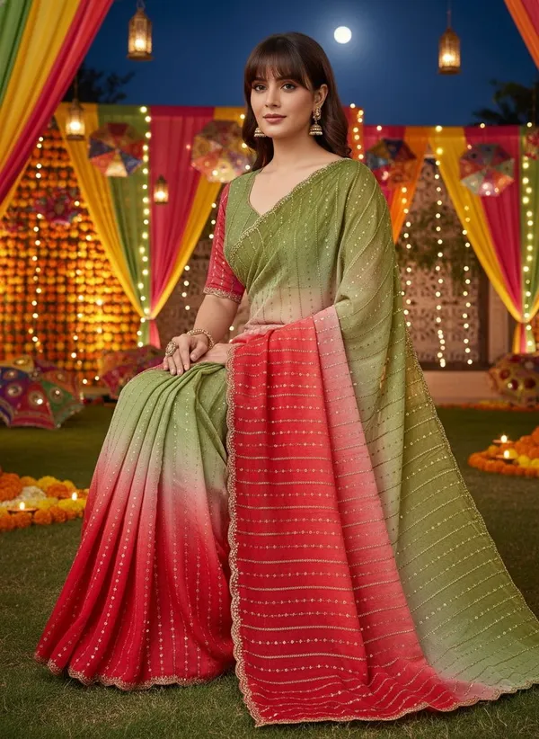 Green_Red_Satin_Chiffon_Ombre_Embroidered_Saree_For_Women_|_With_Blouse_Piece
