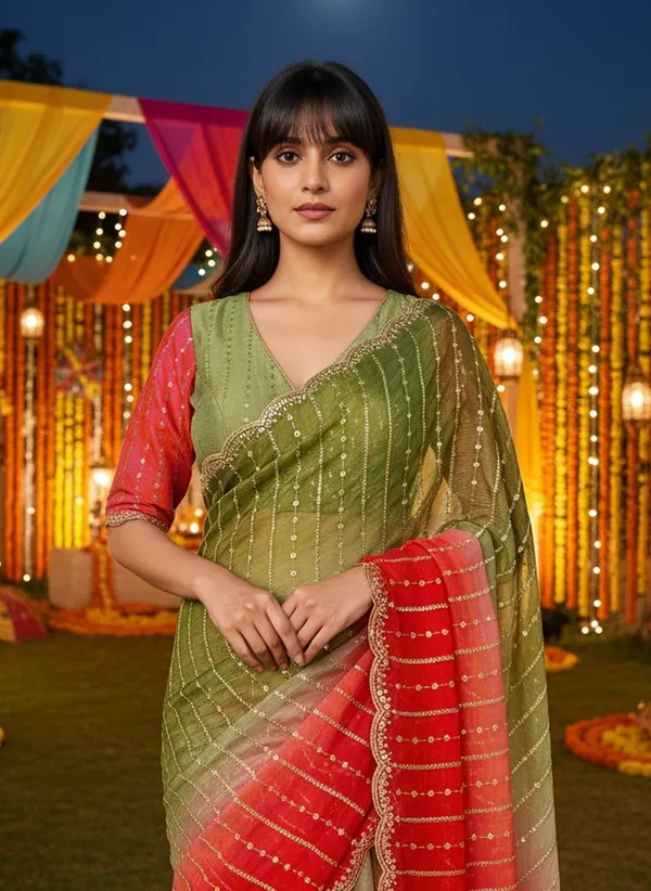 Green_Red_Satin_Chiffon_Ombre_Embroidered_Saree_For_Women_|_With_Blouse_Piece