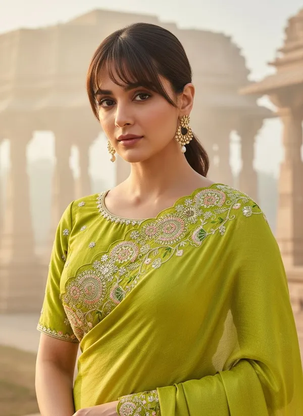 Lime_Green_Georgette_Silk_Blend_Zari_Embroidered_Saree_For_Women_|_With_Blouse_Piece