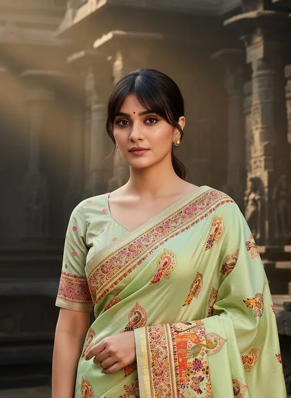Sariya_Light_Green_Semi_Pashmina_Jacquard_Woven_Saree_For_Women_|_With_Blouse_Piece