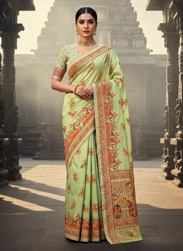 Sariya_Light_Green_Semi_Pashmina_Jacquard_Woven_Saree_For_Women_|_With_Blouse_Piece