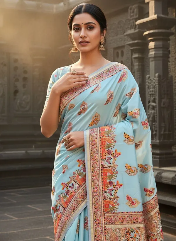 Light_Blue_Semi_Pashmina_Jacquard_Woven_Banarasi_Saree_For_Women_|_With_Blouse_Piece
