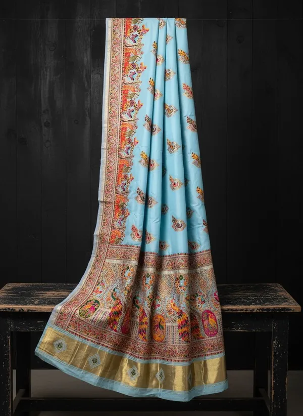 Light_Blue_Semi_Pashmina_Jacquard_Woven_Banarasi_Saree_For_Women_|_With_Blouse_Piece