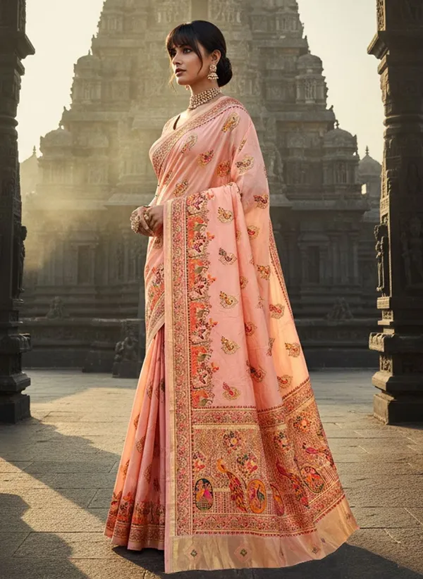 Peach_Semi_Pashmina_Jacquard_Woven_Zari_Saree_For_Women_|_With_Blouse_Piece