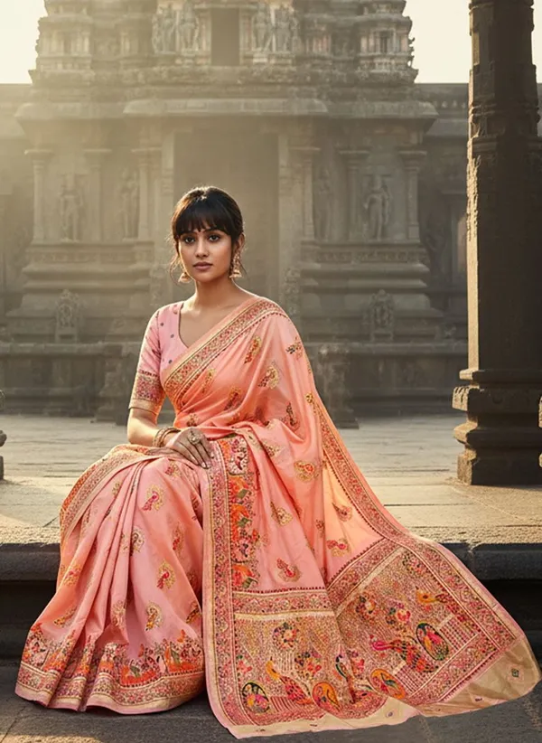 Peach_Semi_Pashmina_Jacquard_Woven_Zari_Saree_For_Women_|_With_Blouse_Piece