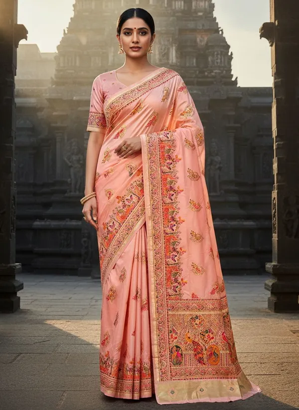 Peach_Semi_Pashmina_Jacquard_Woven_Zari_Saree_For_Women_|_With_Blouse_Piece