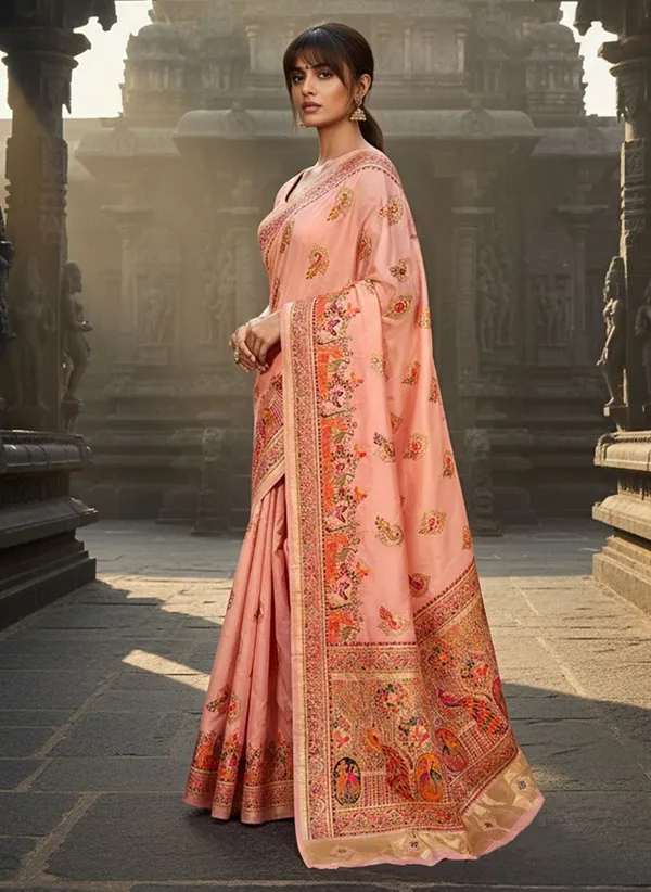 Peach_Semi_Pashmina_Jacquard_Woven_Zari_Saree_For_Women_|_With_Blouse_Piece