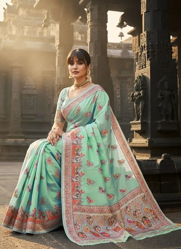 Sea_Green_Semi_Pashmina_Jacquard_Zari_Woven_Saree_For_Women_|_With_Blouse_Piece