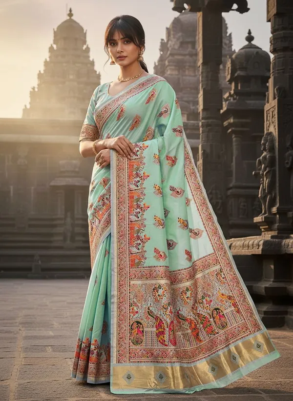 Sea_Green_Semi_Pashmina_Jacquard_Zari_Woven_Saree_For_Women_|_With_Blouse_Piece