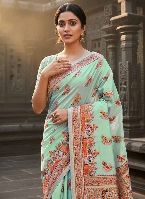 Sea_Green_Semi_Pashmina_Jacquard_Zari_Woven_Saree_For_Women_|_With_Blouse_Piece