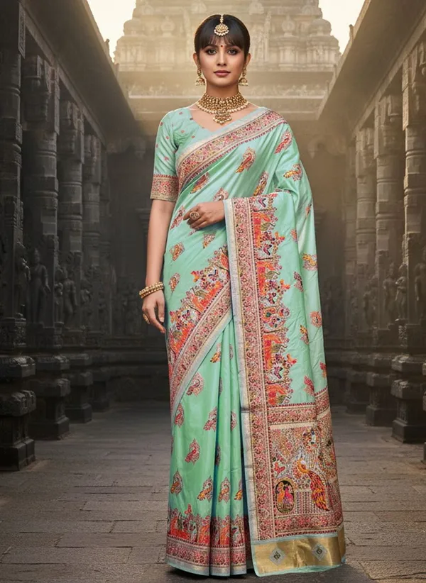 Sea_Green_Semi_Pashmina_Jacquard_Zari_Woven_Saree_For_Women_|_With_Blouse_Piece