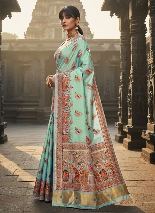 Sea_Green_Semi_Pashmina_Jacquard_Zari_Woven_Saree_For_Women_|_With_Blouse_Piece