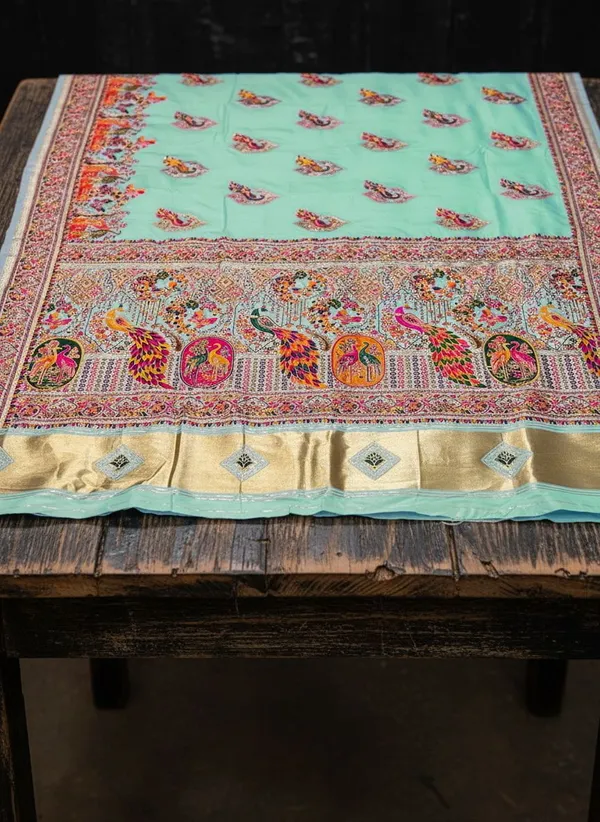 Sea_Green_Semi_Pashmina_Jacquard_Zari_Woven_Saree_For_Women_|_With_Blouse_Piece
