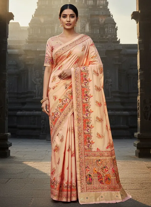 Peach_Semi_Pashmina_Jacquard_Woven_Saree_For_Women_|_With_Blouse_Piece