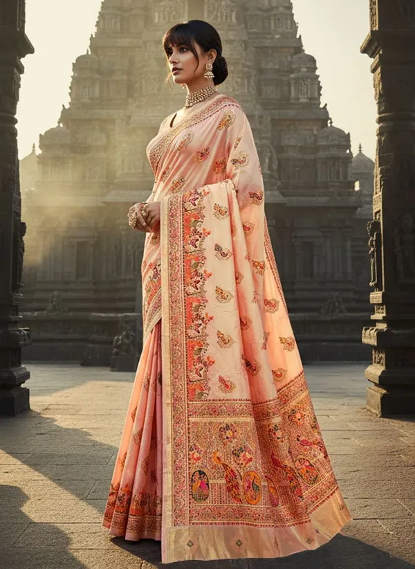 Peach_Semi_Pashmina_Jacquard_Woven_Saree_For_Women_|_With_Blouse_Piece